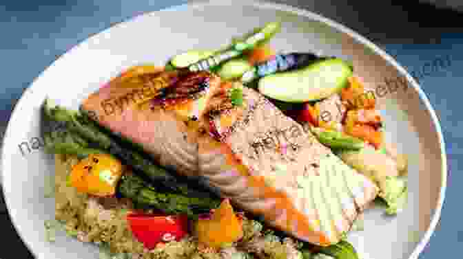 A Beautifully Plated Dish From 'Simply Julia', Featuring Grilled Salmon, Roasted Vegetables, And A Colorful Quinoa Salad. Simply Julia: 110 Easy Recipes For Healthy Comfort Food