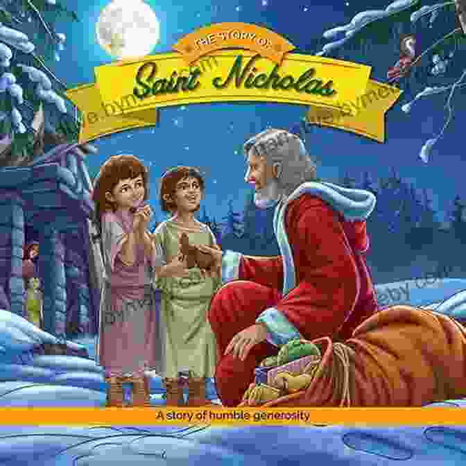 Santa Talks: The Life Story Of Saint Nicholas Book Cover With A Snowy Background And A Depiction Of Saint Nicholas In His Bishop's Robes, Surrounded By Children And Gifts. Santa Talks : The Life Story Of Saint Nicholas