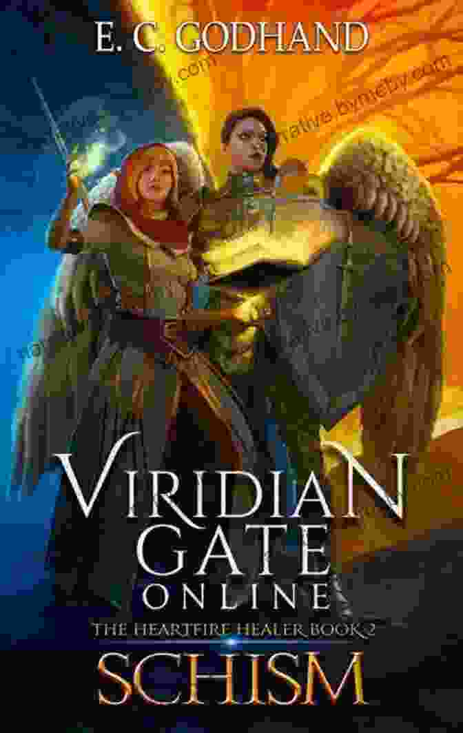 The Heartfire Healer Book Cover Featuring Anya, A Young Woman With Red Hair And Green Eyes, Holding A Staff And Surrounded By A Glowing Heart Shaped Aura. Viridian Gate Online: Resurrection: A LitRPG Adventure (The Heartfire Healer 1)